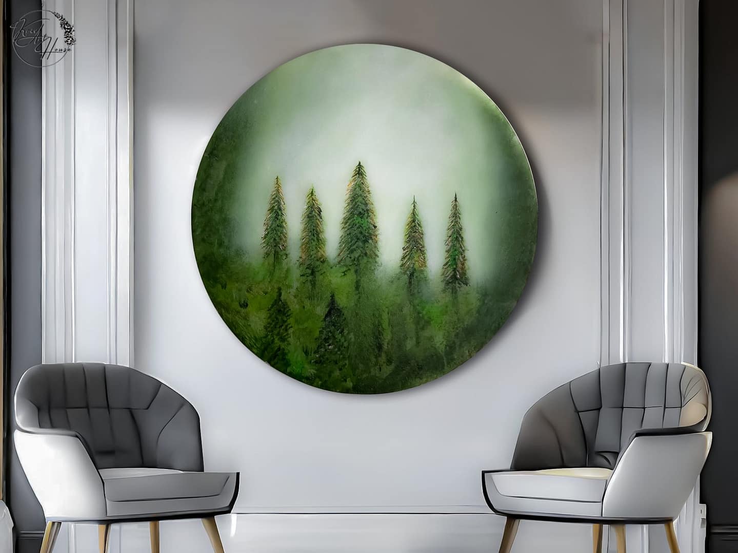 Amazing Round Canvas Green Forest Wall Art Abstract Circle Painting For Living Room Wall - Image 6