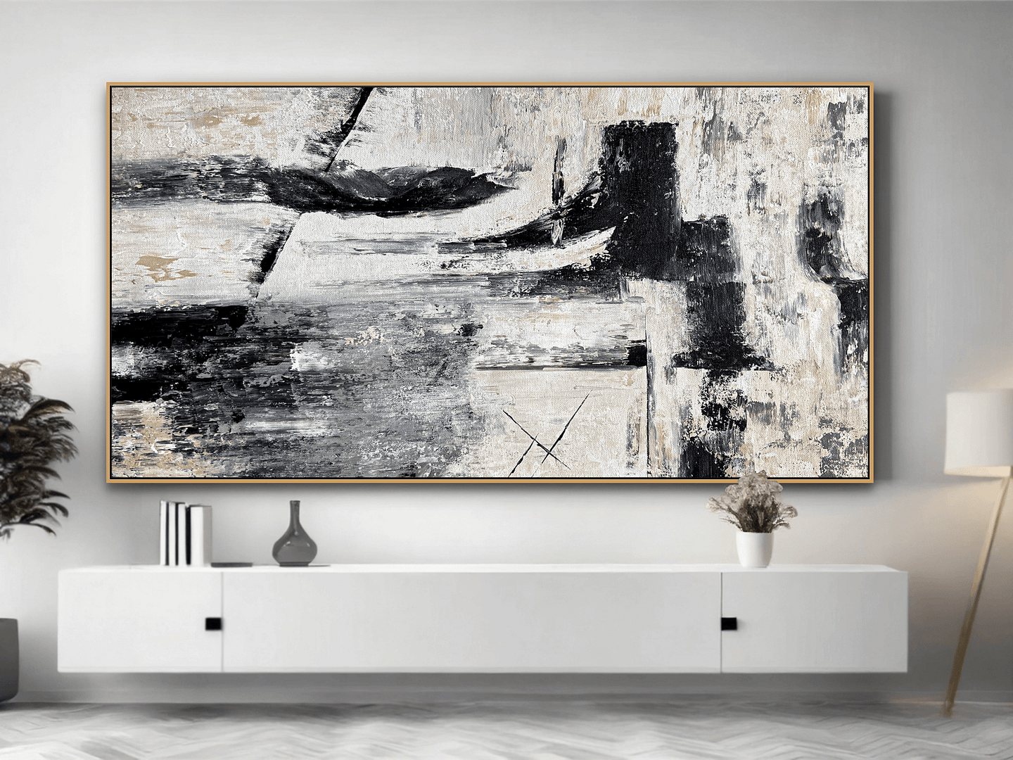 Minimalist Black And White Art On Canvas Textured Painting For Home Decoration - Image 9