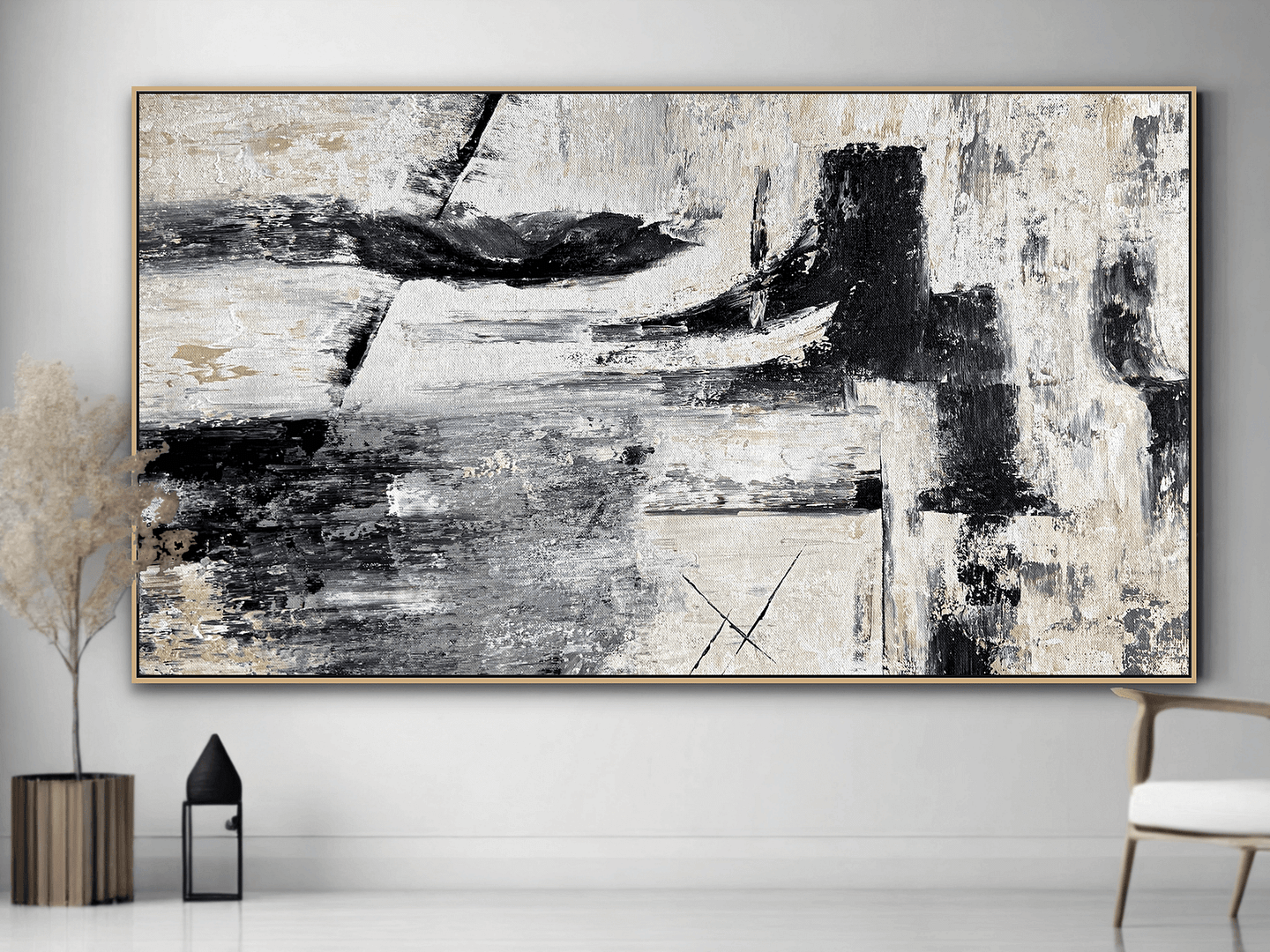 Minimalist Black And White Art On Canvas Textured Painting For Home Decoration - Image 8