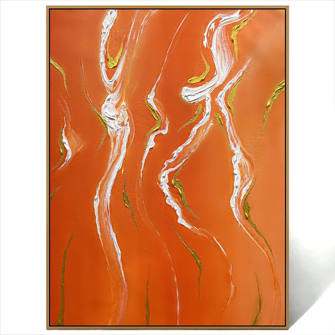 Abstract gold line orange painting