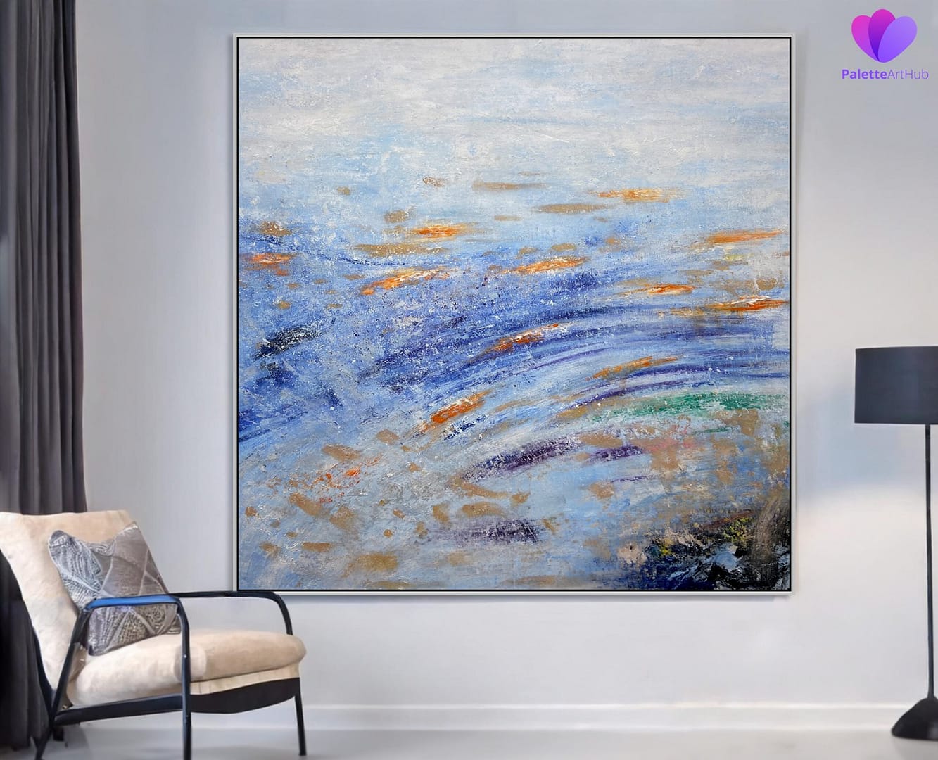 Abstract Blue And Gold Sea Waves Art Painting On Canvas For Home - Image 2