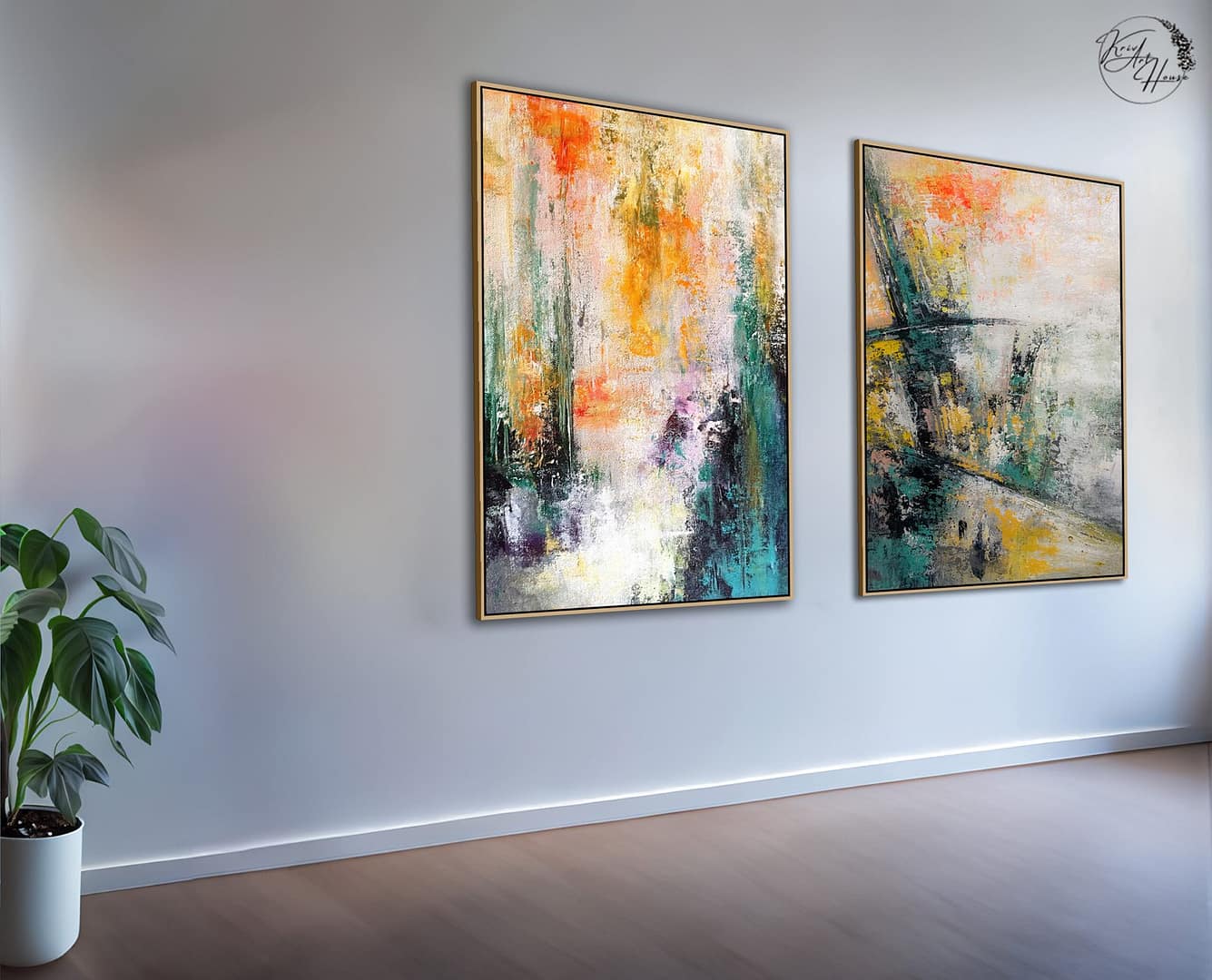 Modern Large Yellow And Green Wall Art Canvas Abstract Set Of 2 Painting For House - Image 4