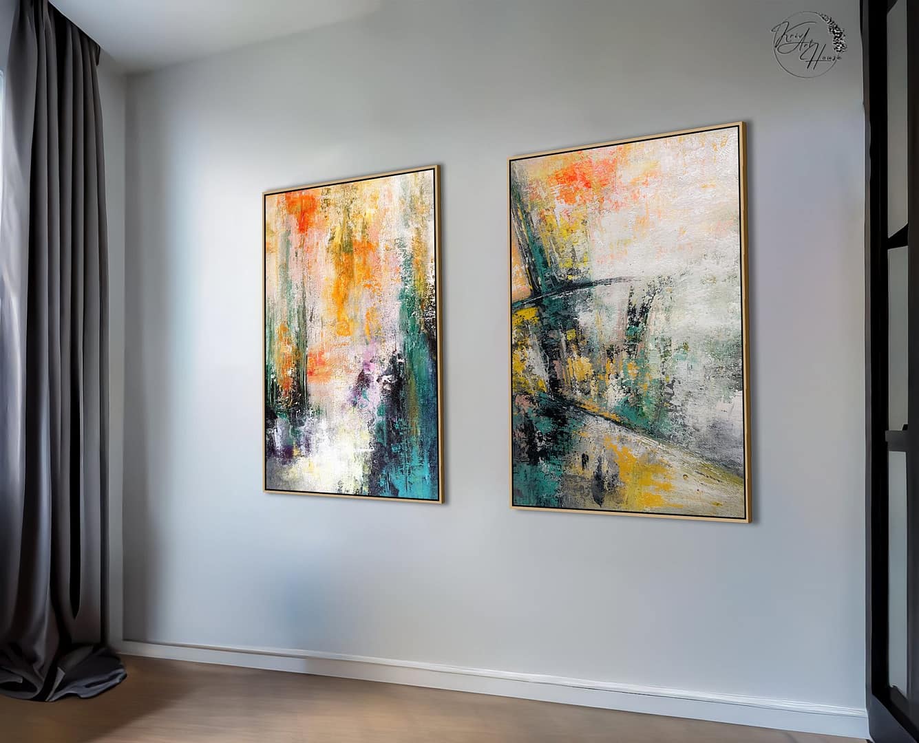 Modern Large Yellow And Green Wall Art Canvas Abstract Set Of 2 Painting For House - Image 5