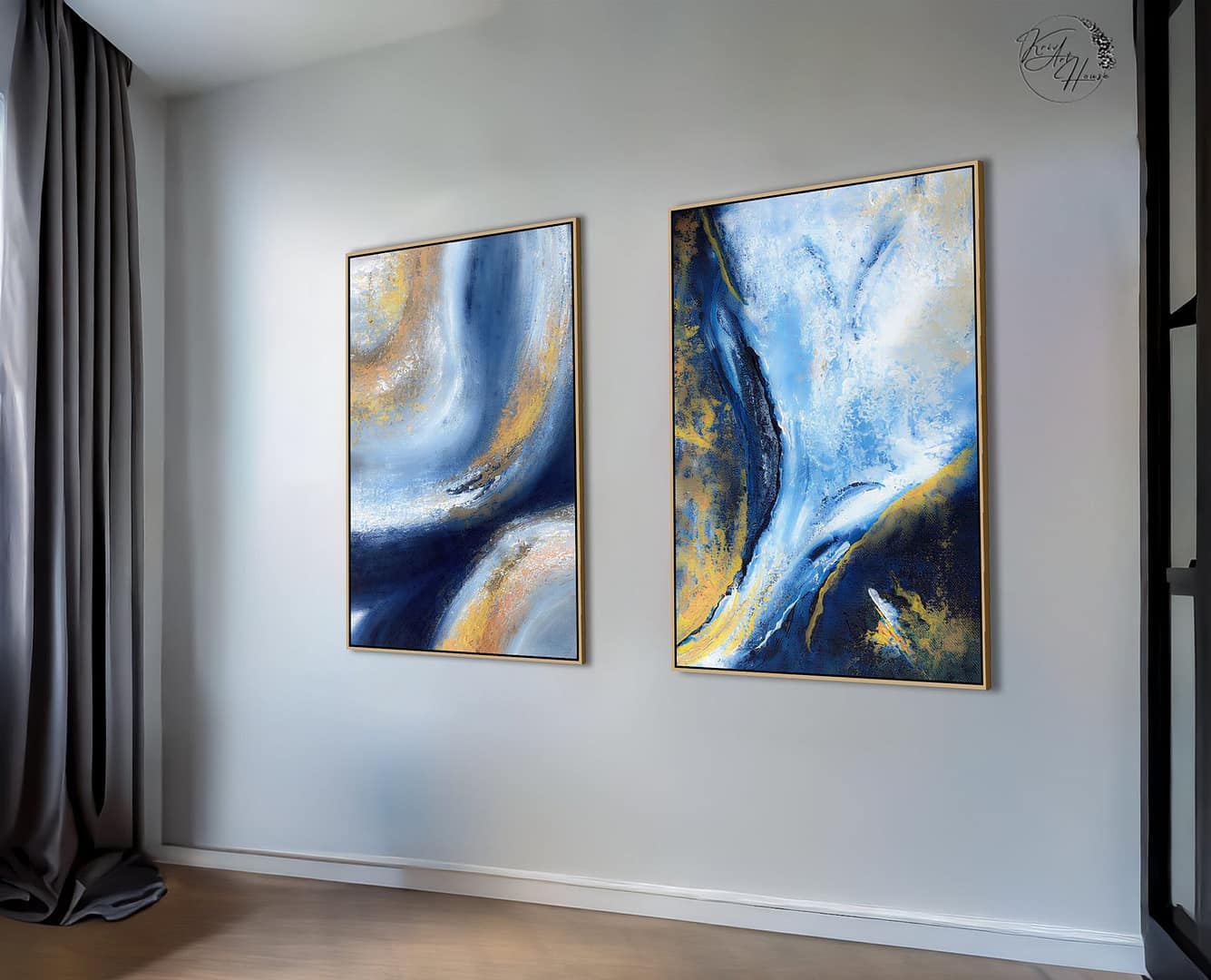 Abstract Brush Stroke Blue Gold Art On Canvas Set of 2 Painting For Home - Image 5
