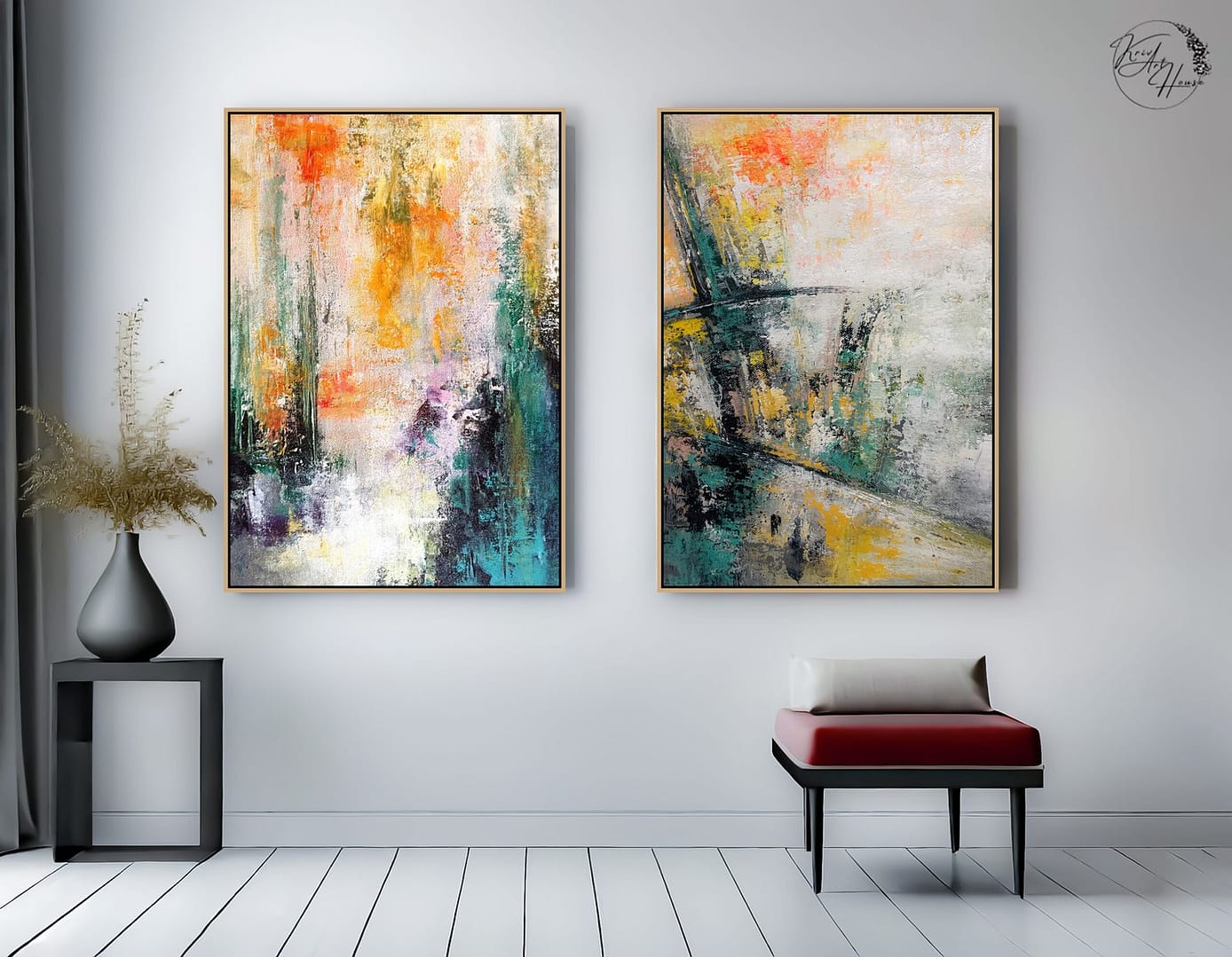 Modern Large Yellow And Green Wall Art Canvas Abstract Set Of 2 Painting For House - Image 2