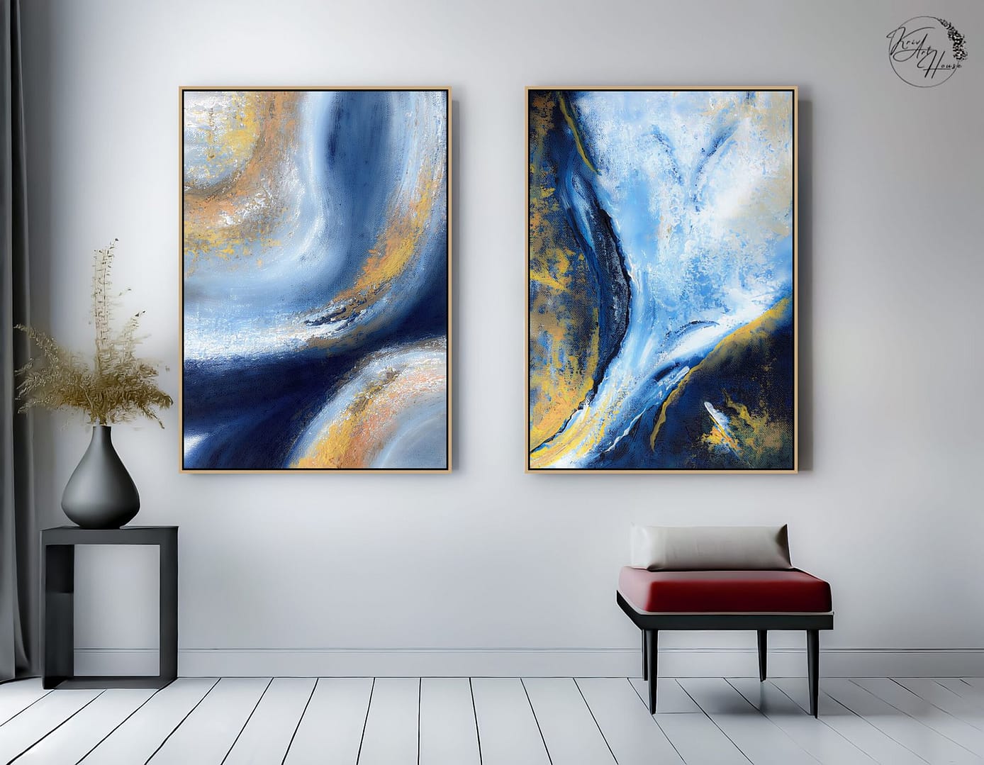 Abstract Brush Stroke Blue Gold Art On Canvas Set of 2 Painting For Home - Image 2