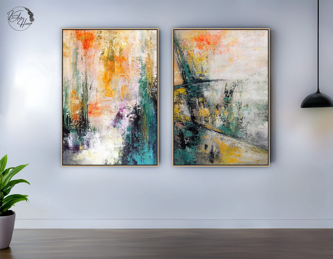 Modern Large Yellow And Green Wall Art Canvas Abstract Set Of 2 Painting For House