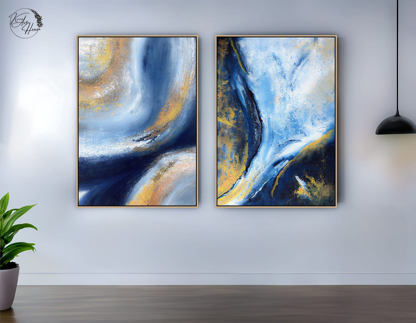 Abstract Brush Stroke Blue Gold Art On Canvas Set of 2 Painting For Home - Image 3