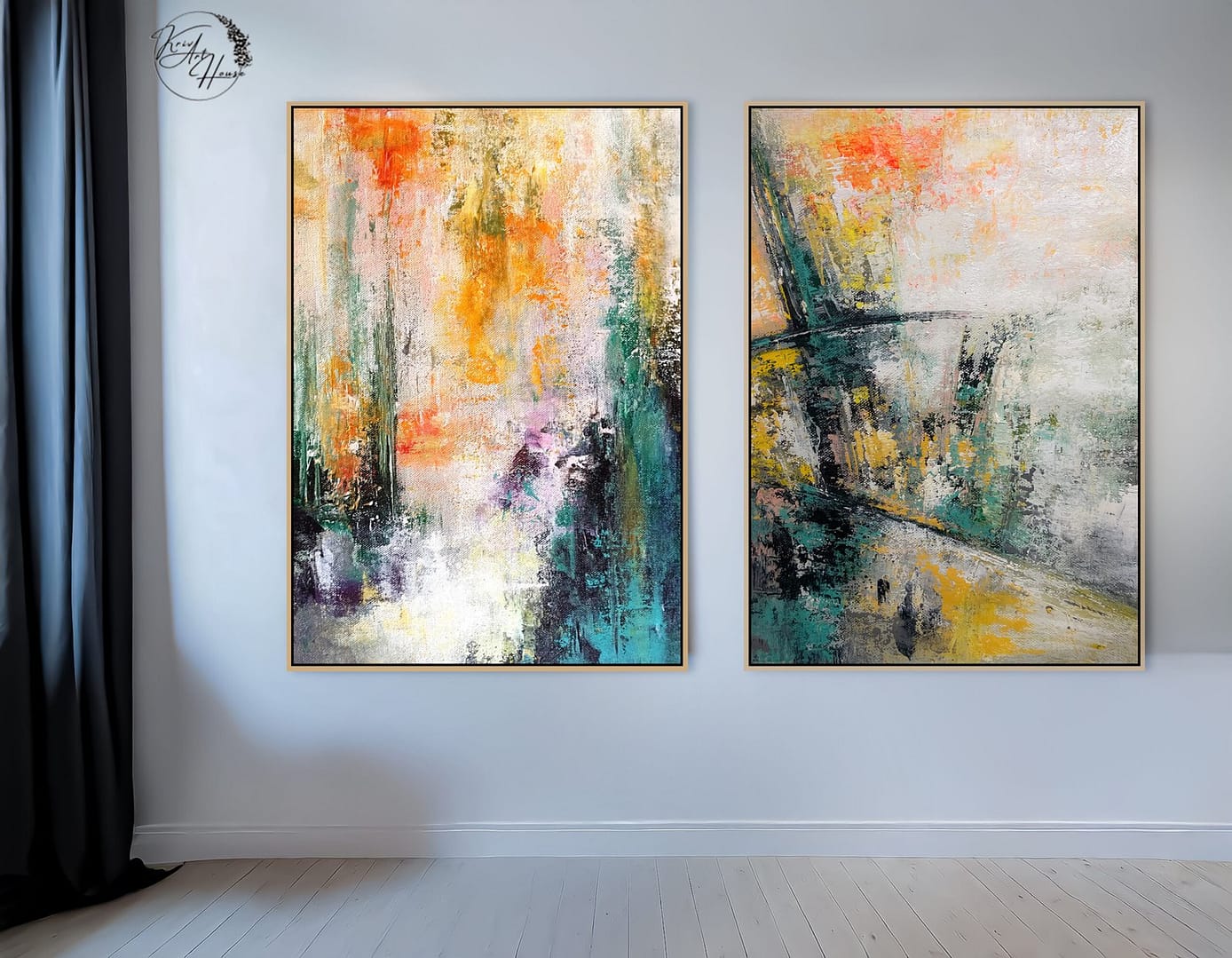 Modern Large Yellow And Green Wall Art Canvas Abstract Set Of 2 Painting For House - Image 6