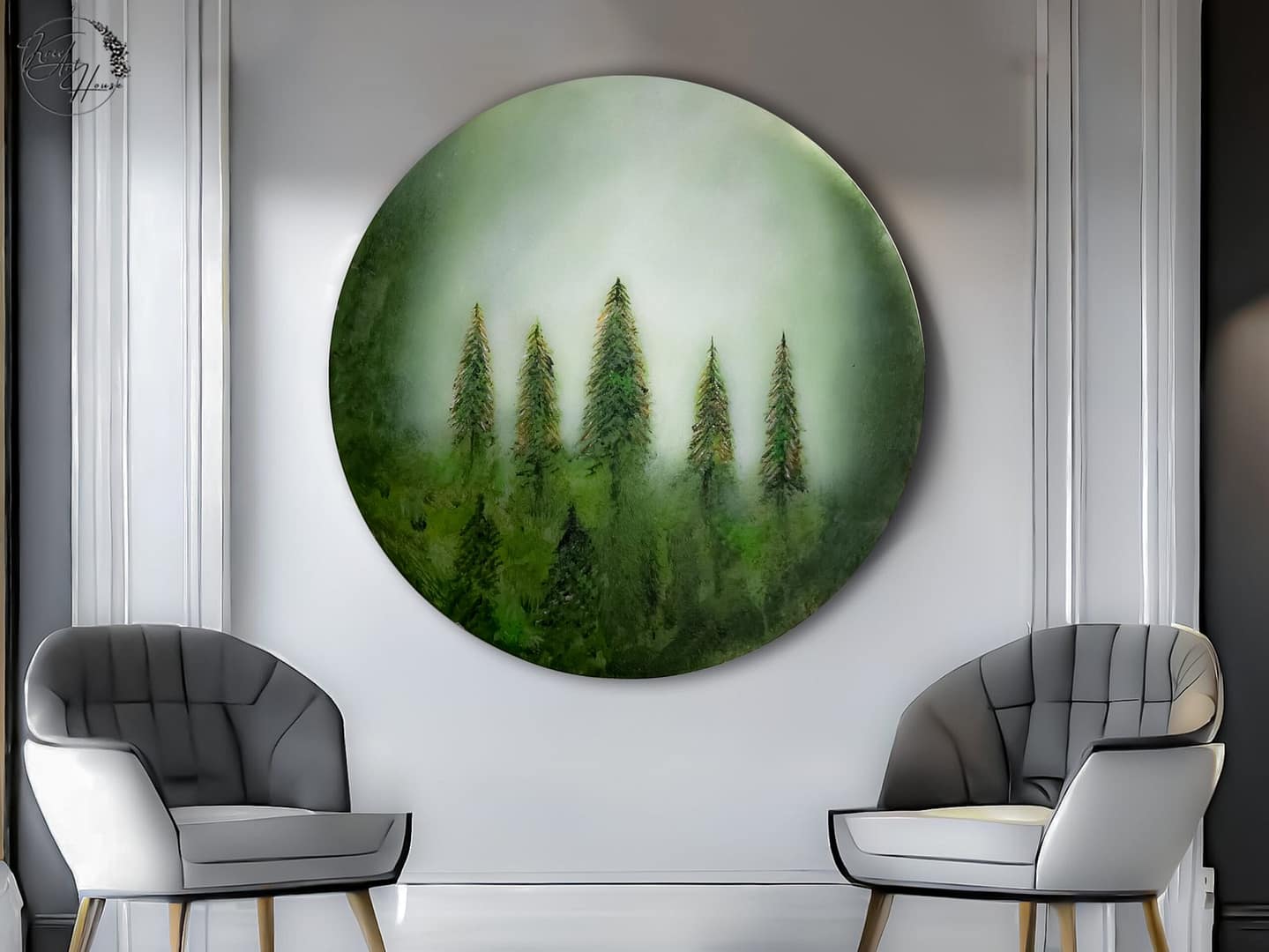 Amazing Round Canvas Green Forest Wall Art Abstract Circle Painting For Living Room Wall - Image 6