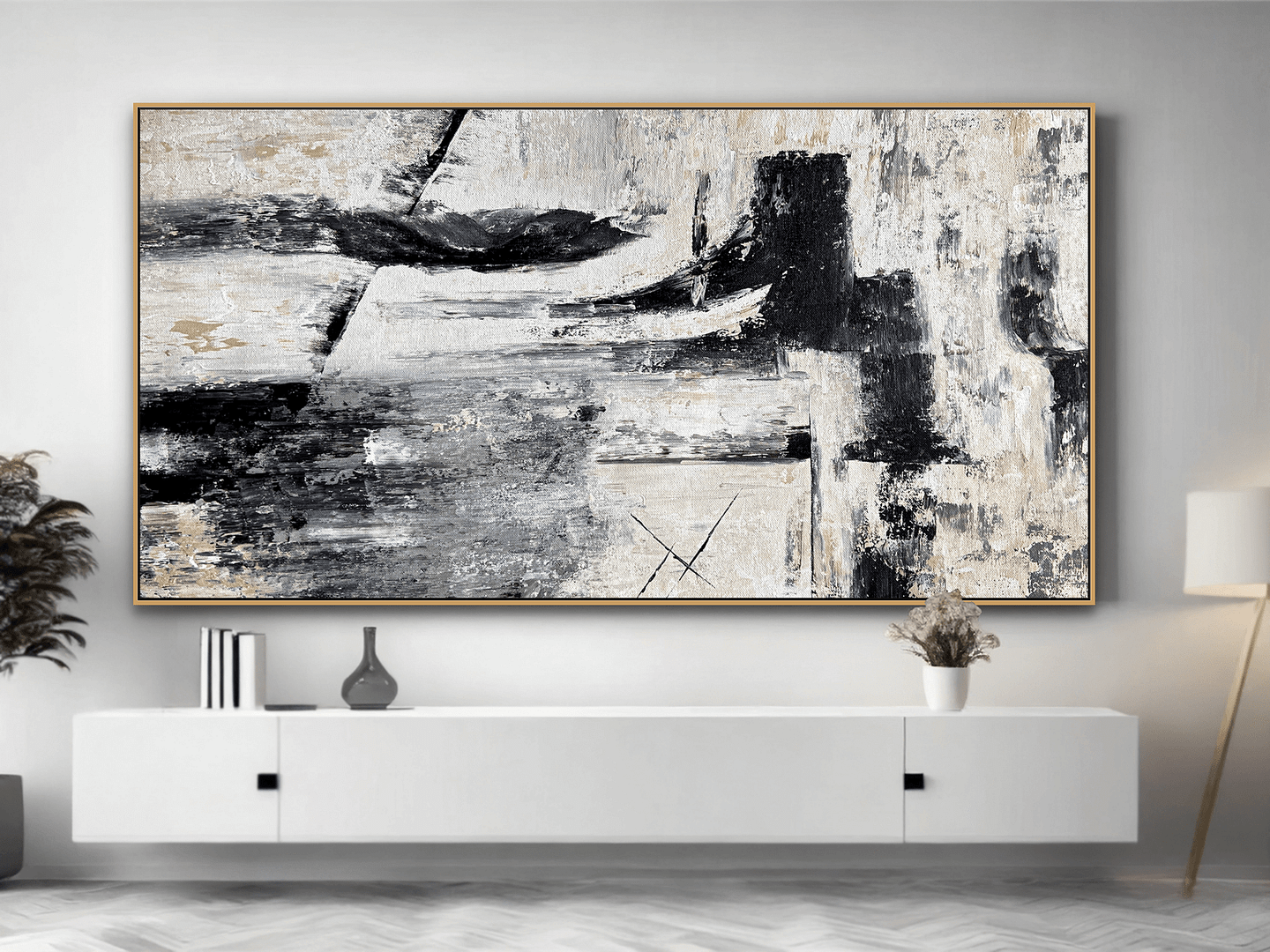 Minimalist Black And White Art On Canvas Textured Painting For Home Decoration - Image 9