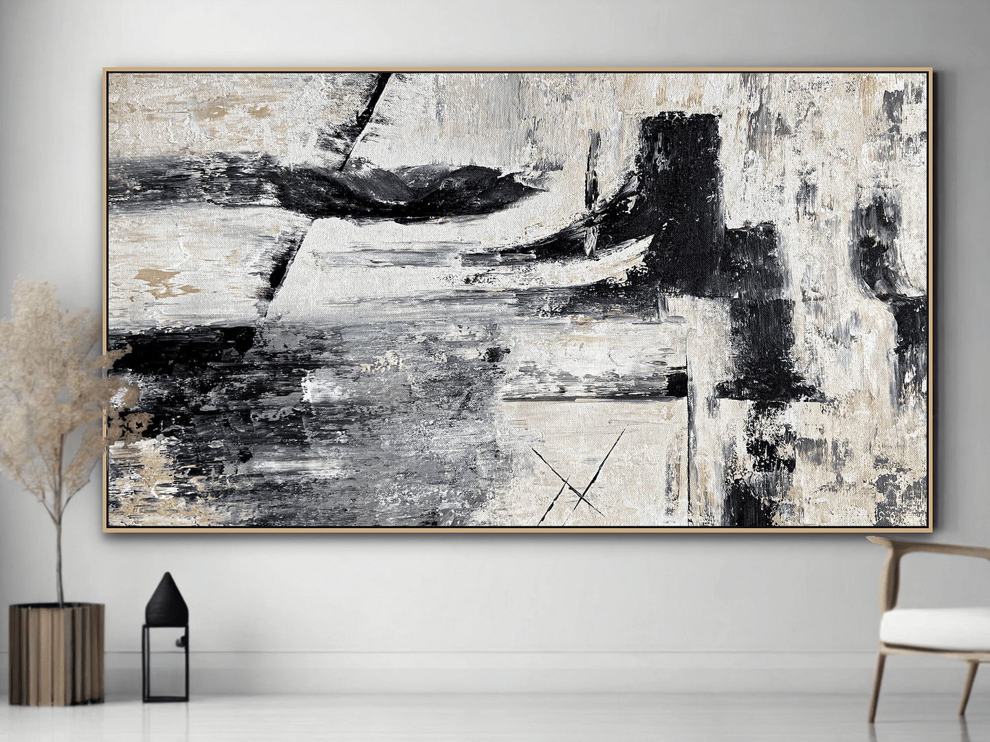 Minimalist Black And White Art On Canvas Textured Painting For Home Decoration - Image 8