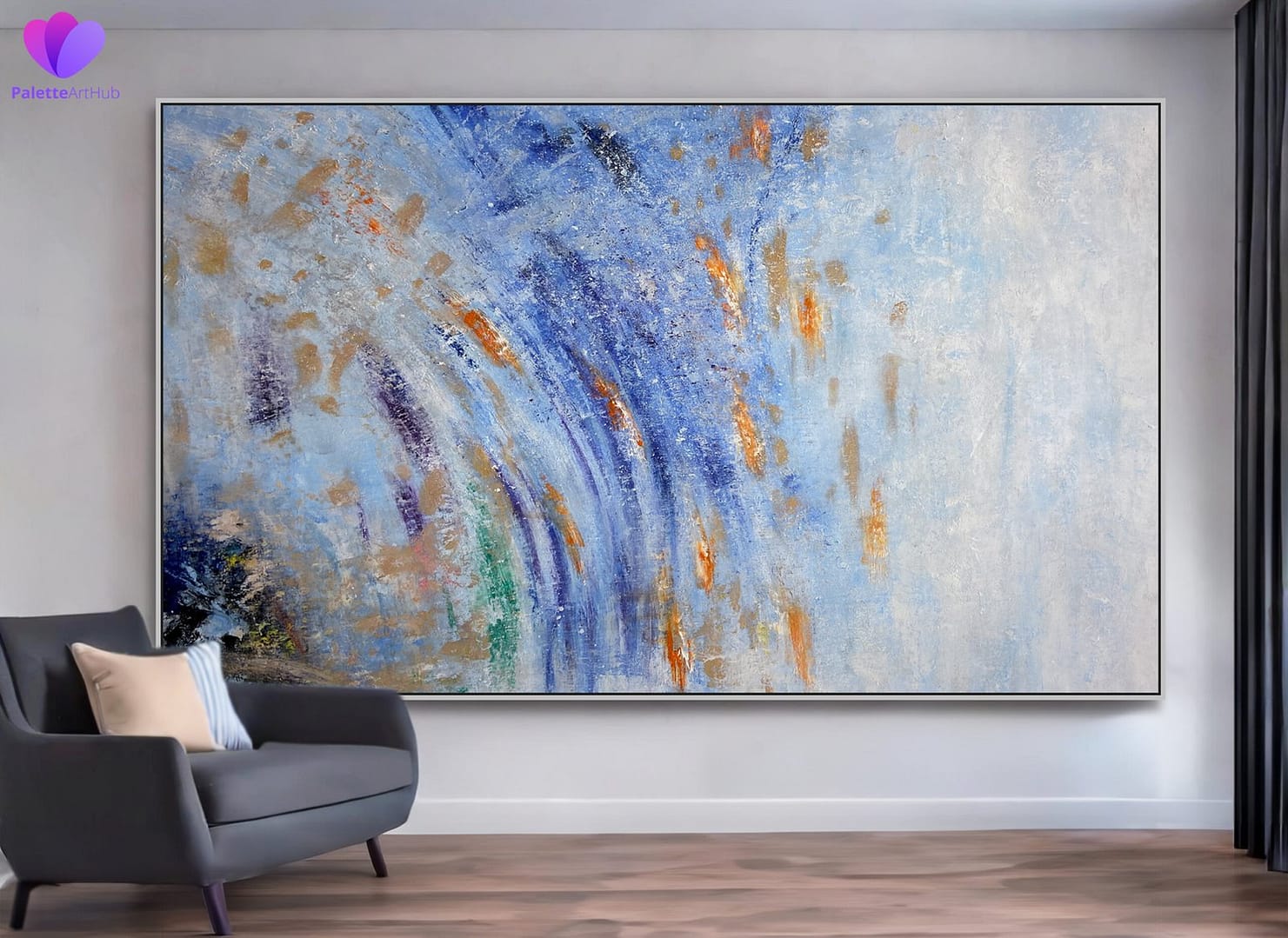 Abstract Blue And Gold Sea Waves Art Painting On Canvas For Home - Image 4
