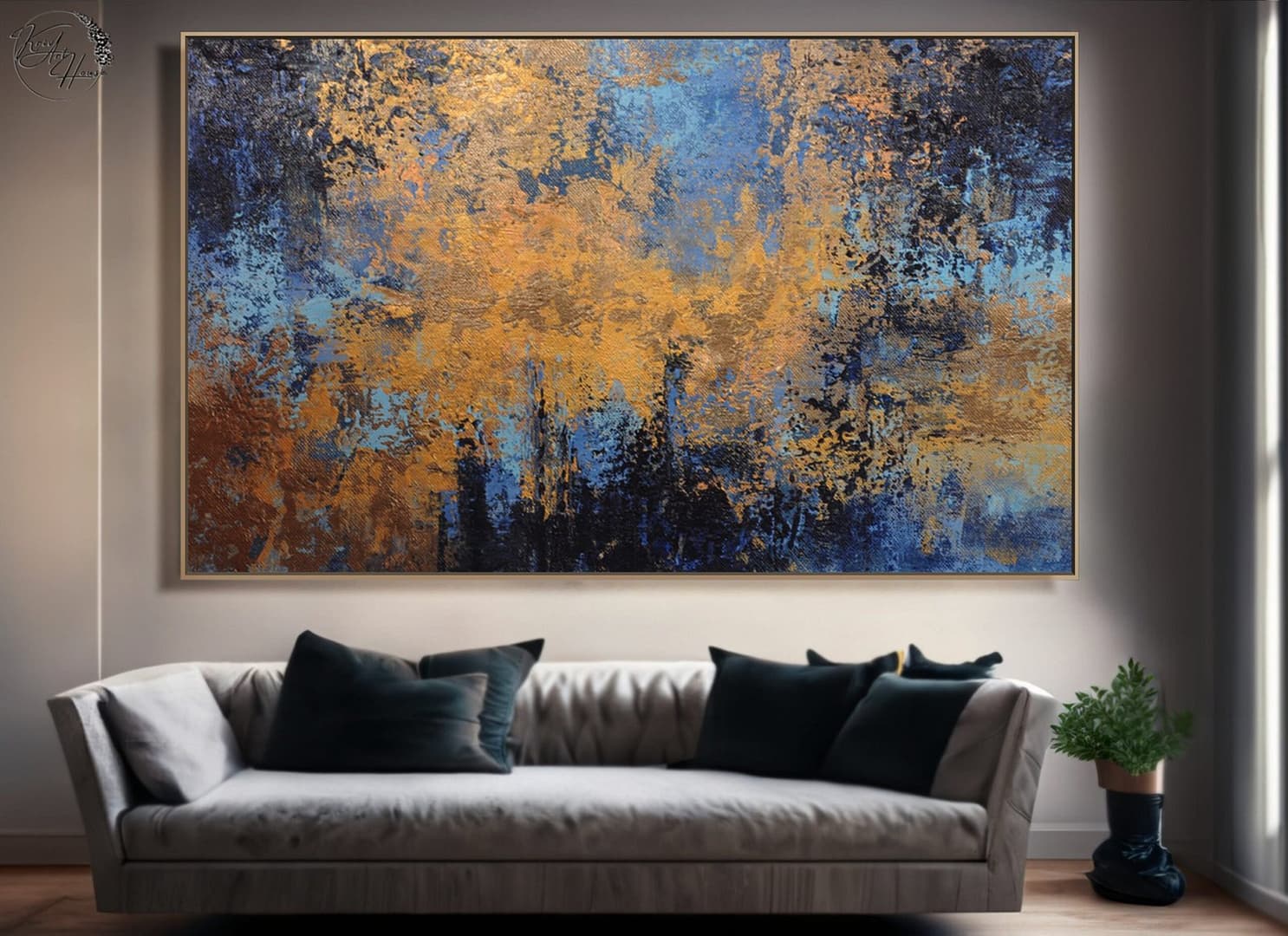 Oversized Blue And Gold Artwork On Canvas Wall Painting - Kriva