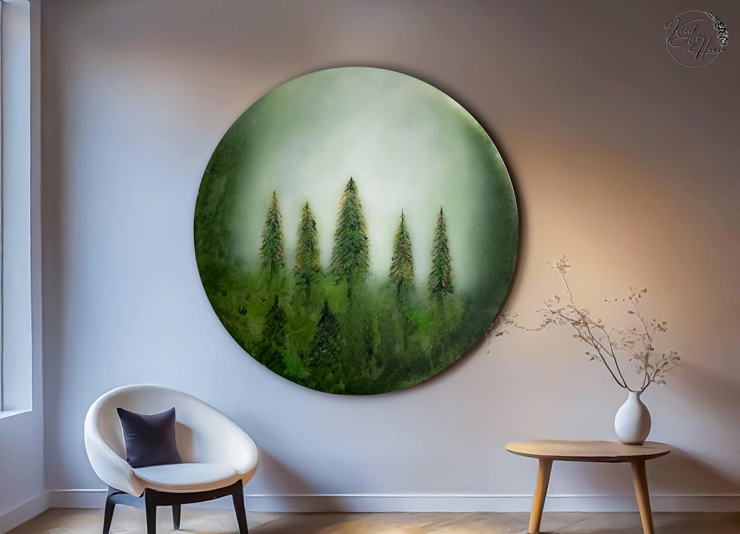 Amazing Round Canvas Green Forest Wall Art Abstract Circle Painting For Living Room Wall