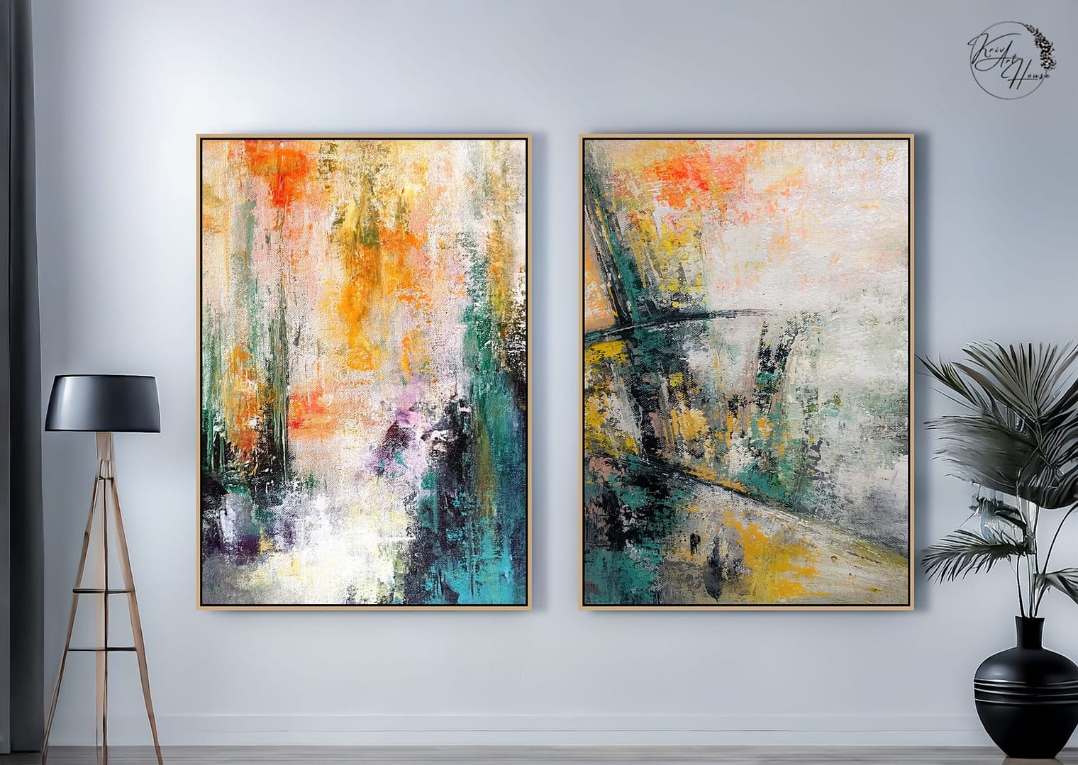 Modern Large Yellow And Green Wall Art Canvas Abstract Set Of 2 Painting For House - Image 3