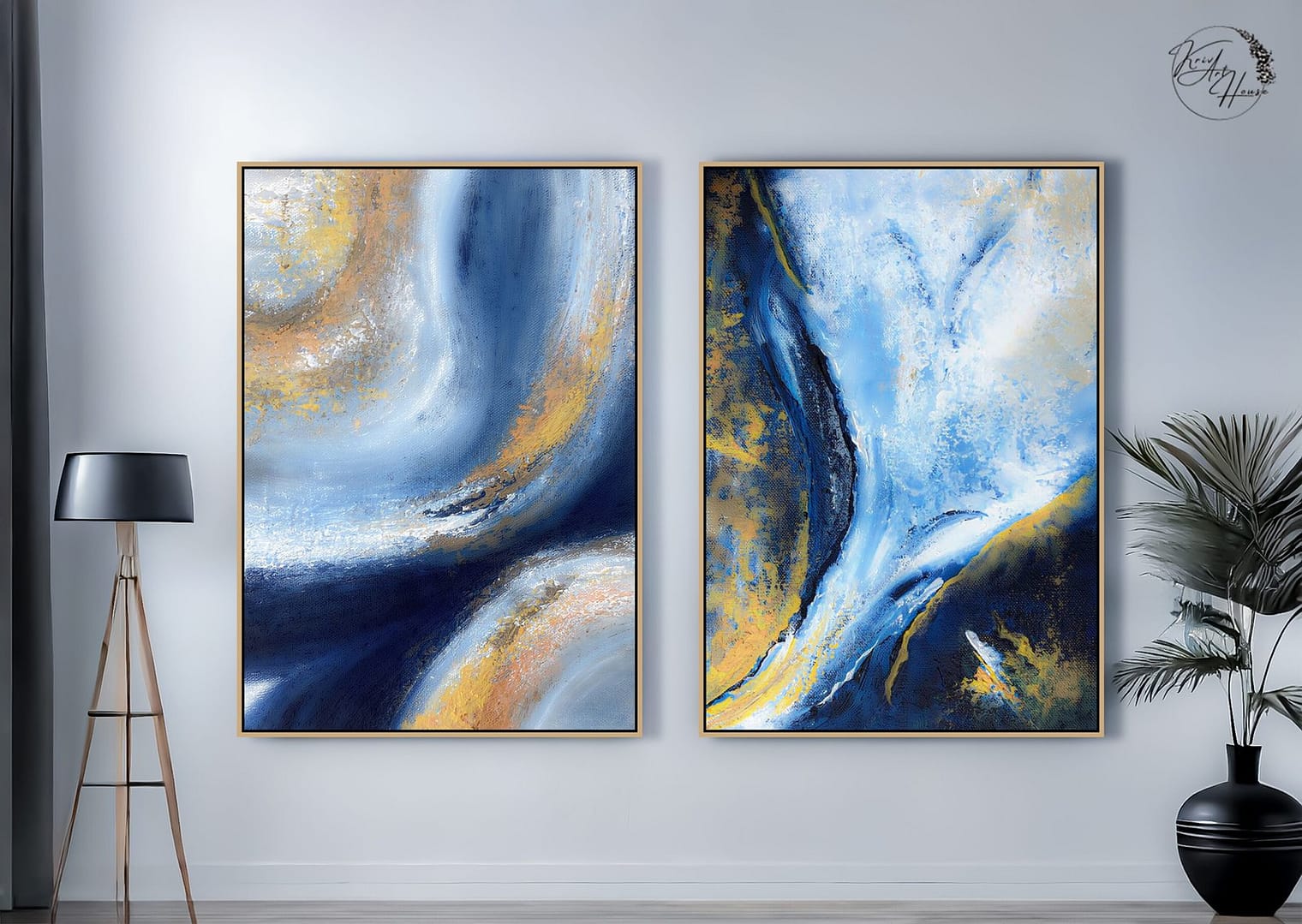 Abstract Brush Stroke Blue Gold Art On Canvas Set of 2 Painting For Home