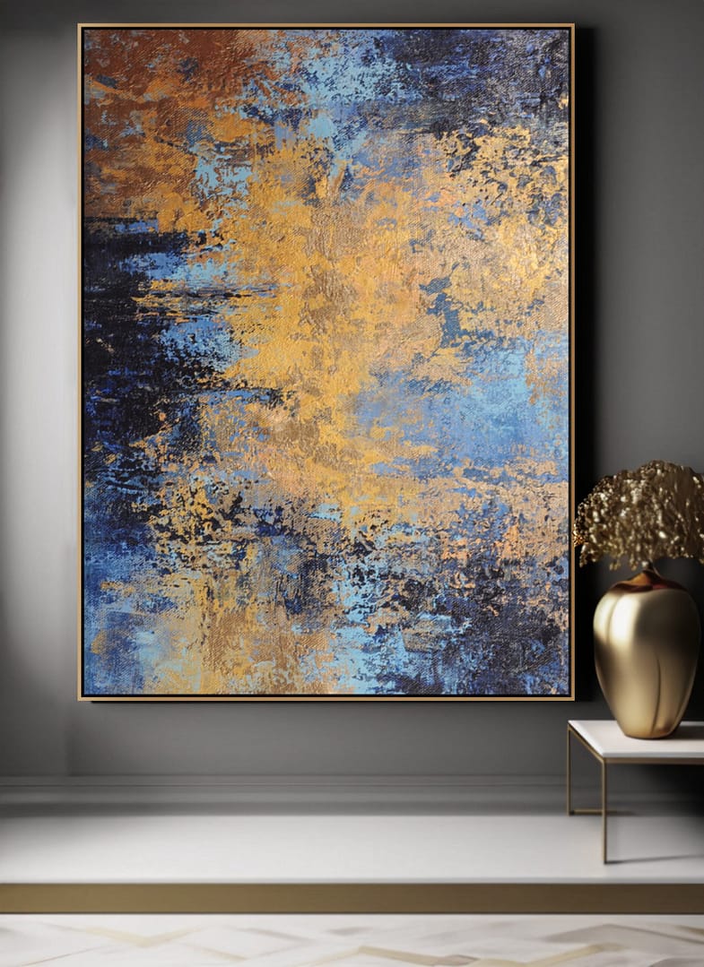 Oversized Blue And Gold Artwork On Canvas Wall Painting - Kriva