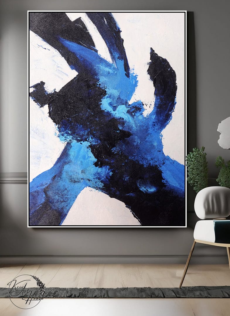 Minimal Black And Blue Brush Strokes Abstract Painting On Canvas - Image 2