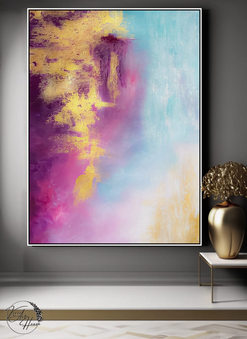 Big Pink Blue Gold Abstract Art On Canvas Wall Art Textured Painting For Kitchen - Image 2