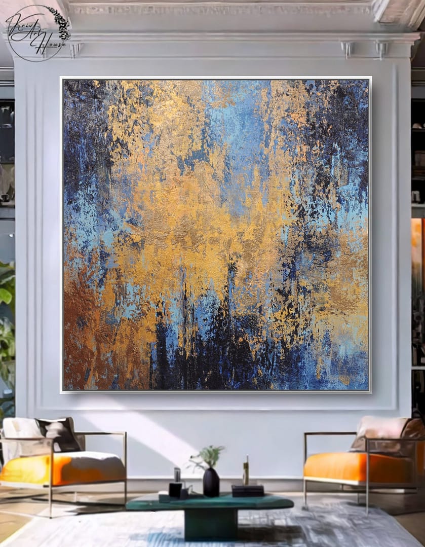 Oversized Blue And Gold Artwork On Canvas Wall Painting - Kriva