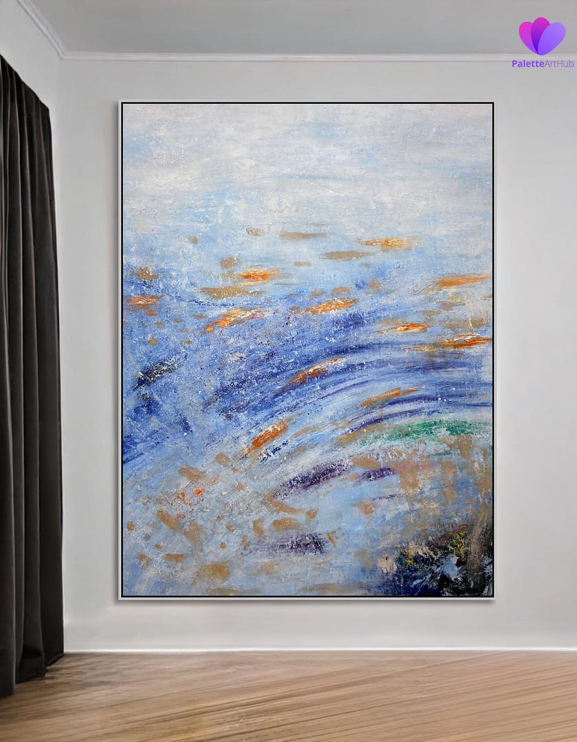 Abstract Blue And Gold Sea Waves Art Painting On Canvas For Home - Image 5