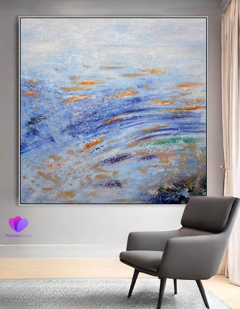 Abstract Blue And Gold Sea Waves Art Painting On Canvas For Home - Image 6